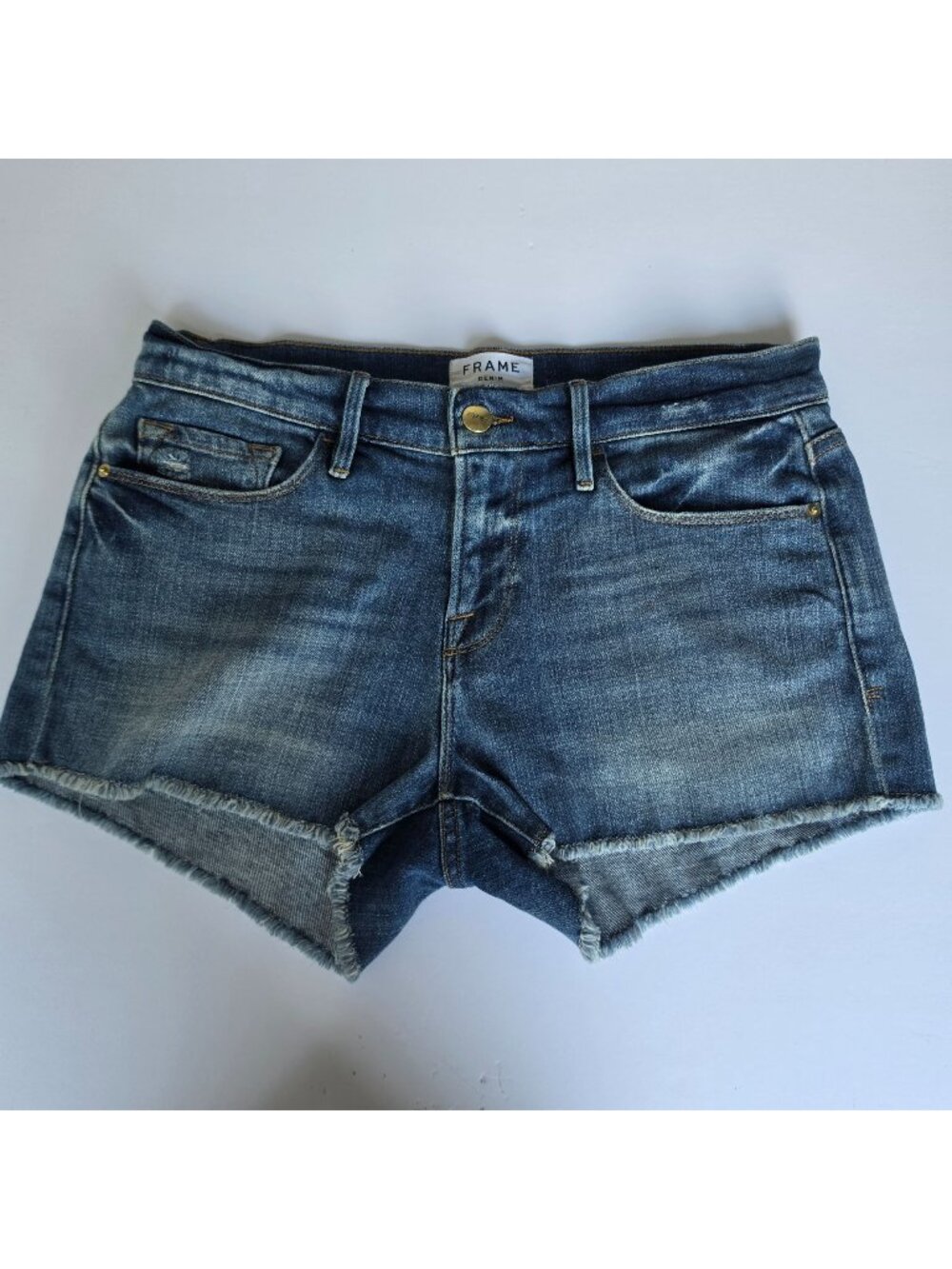 FRAME Denim Le Cutoff Shorts Women’s 26 Blue High Rise Raw Hem Distressed Jean